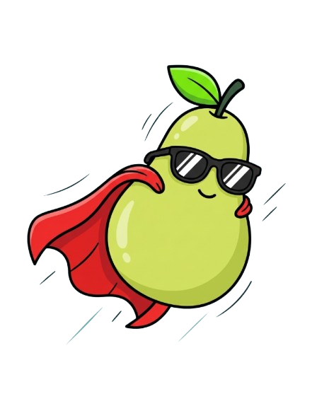 Pear the mascot flying in a cape